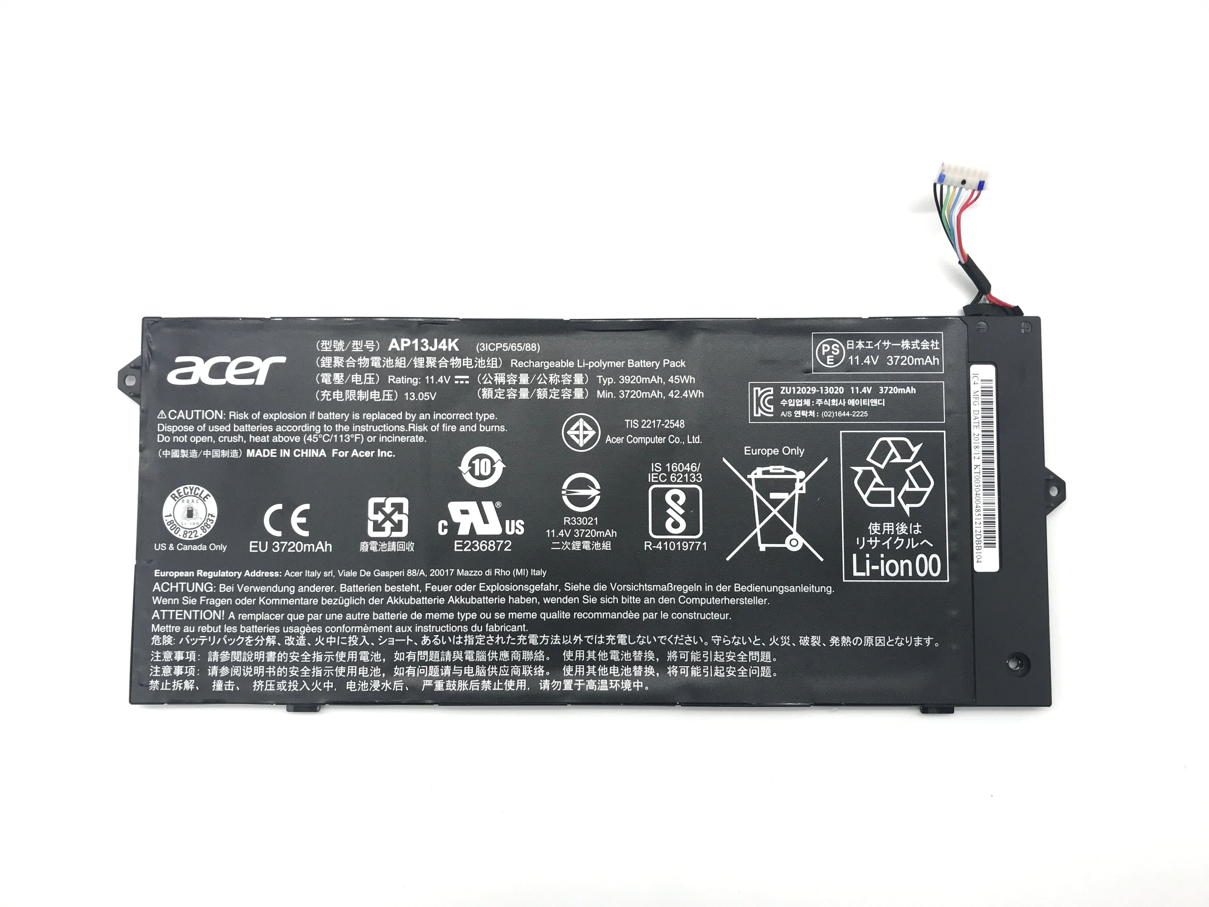Acer Chromebook C720 C740 11.4V 45WH 3920MAH Battery AP13J4K